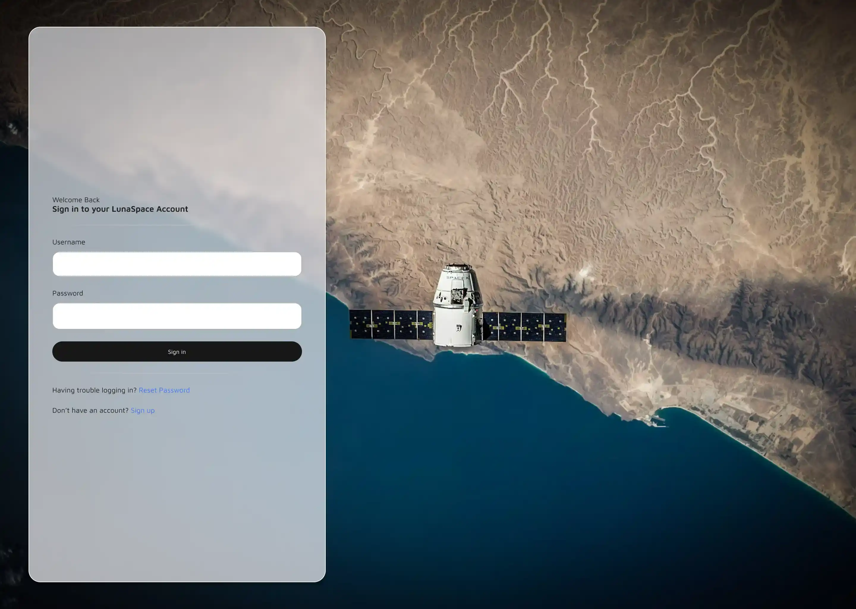 Luna Space dashboard with live data feeds and interactive charts