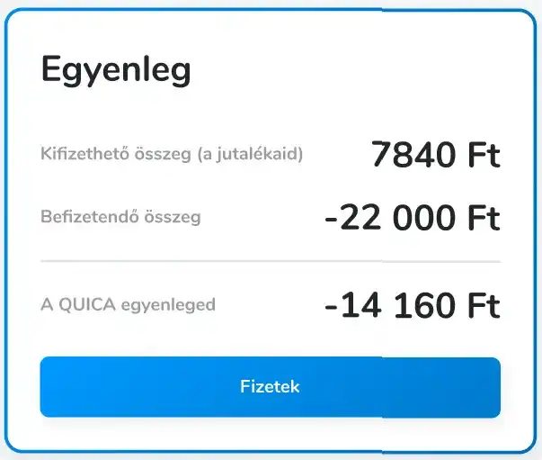 The Quica wallet balance panel showing commission available for payout, the amount due and the overall balance, with a Pay button