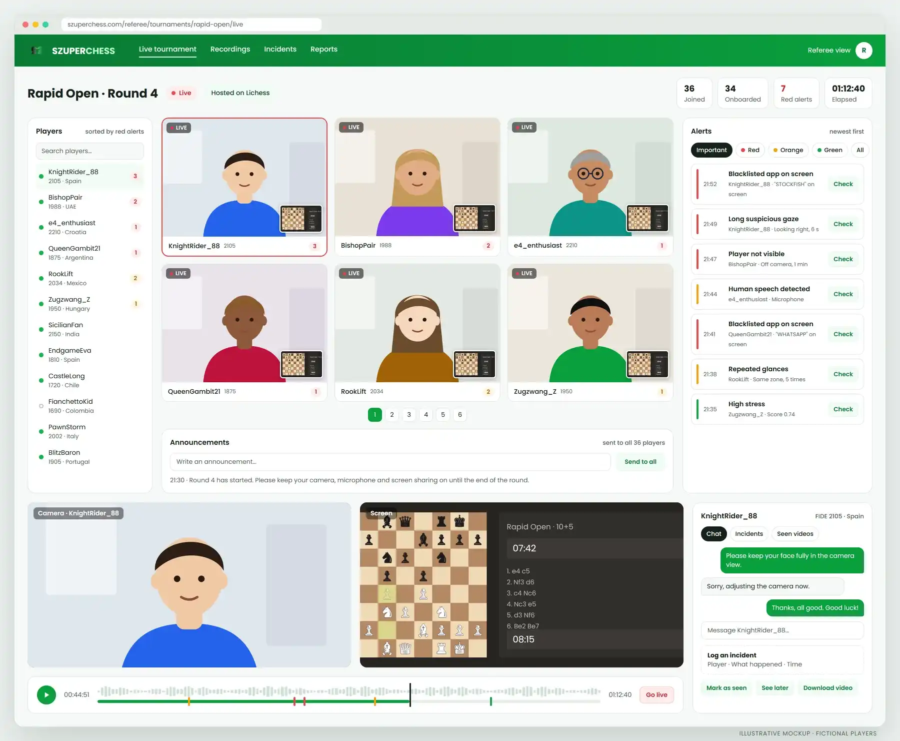 Mockup of the SzuperChess referee dashboard with a live player grid, alert feed, synced camera and screen playback, and player chat
