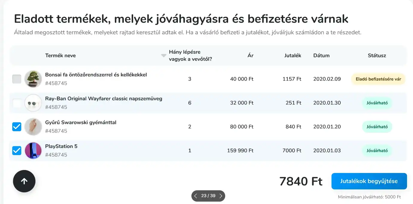 Wallet table of sold items awaiting confirmation and payment, showing how many steps the sharer was from the buyer, the price, the commission and the status of each item
