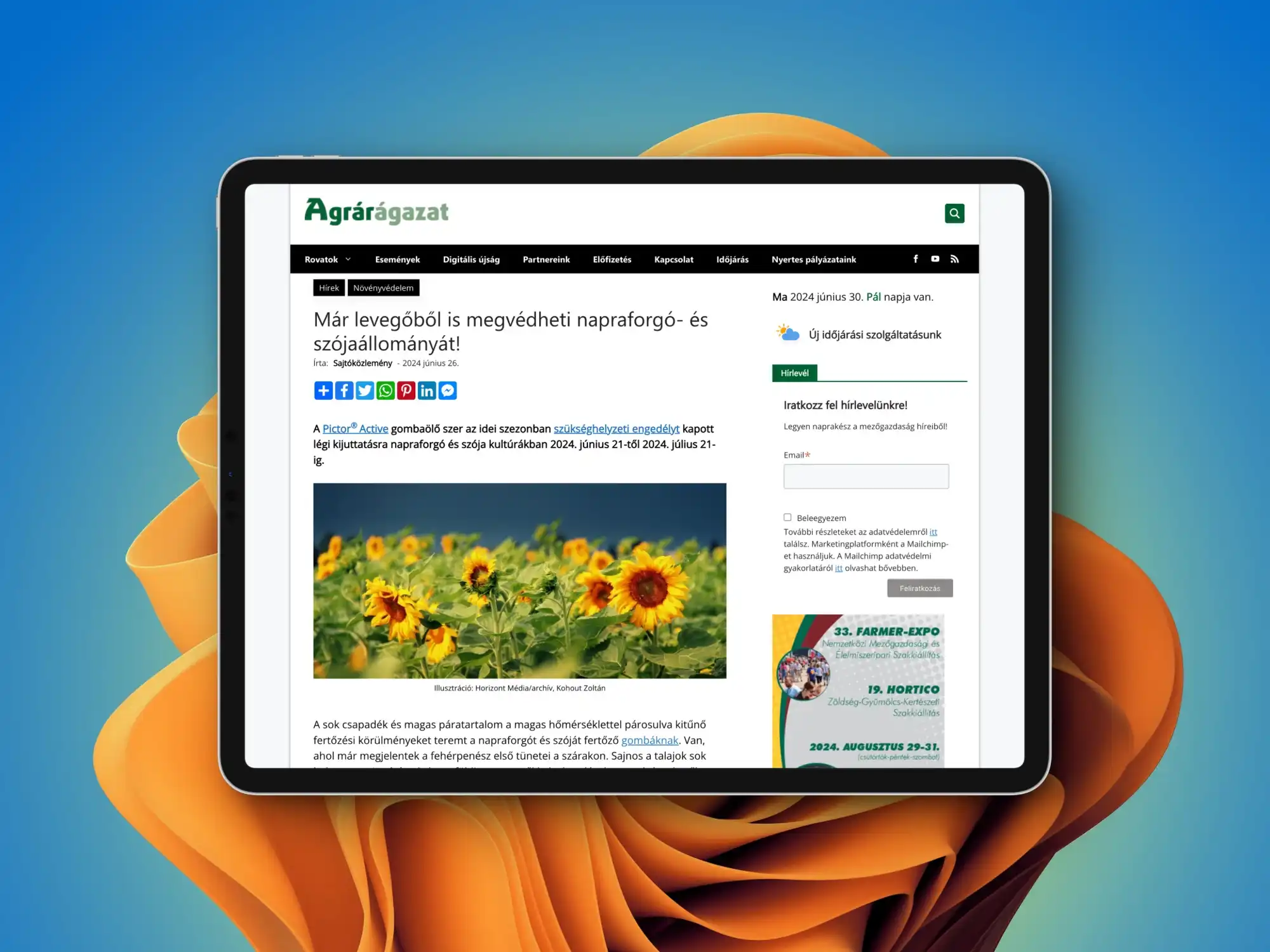 Egy Agrárágazat-cikk tableten: cím, megosztógombok, illusztráció forrásmegjelöléssel, mellette hírlevél-feliratkozás és rendezvényhirdetés