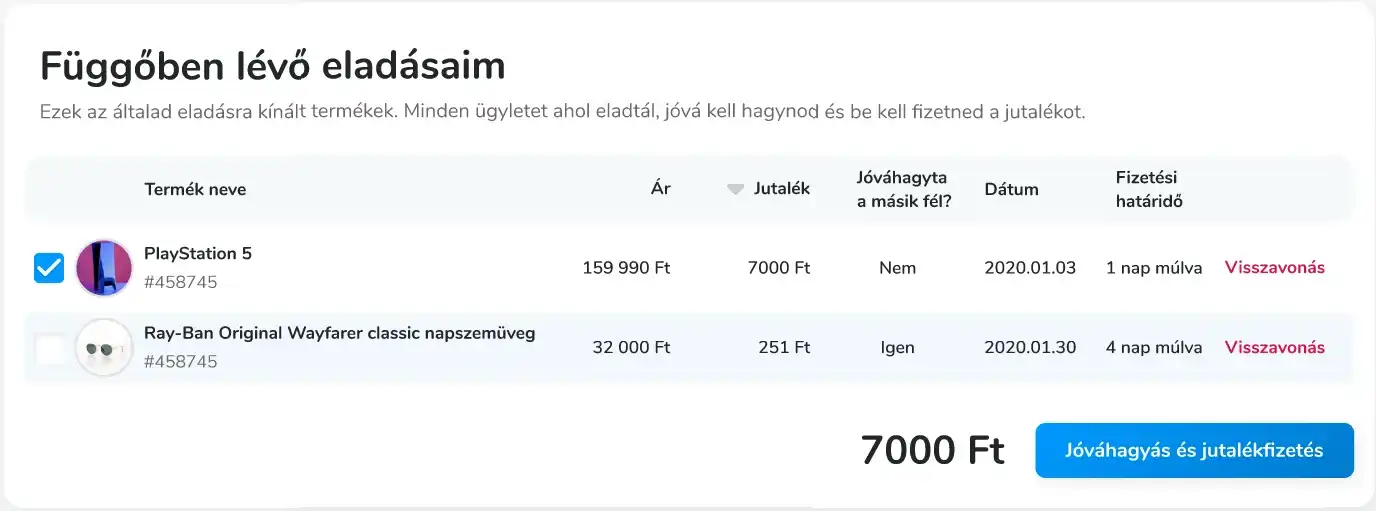 Wallet view of the seller's pending sales with buyer confirmation status, payment deadline and a button to approve the deal and pay the success fee