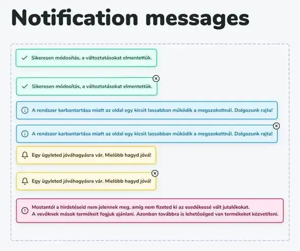 In-app notification bars for successful changes, maintenance notices, pending approvals and overdue payments