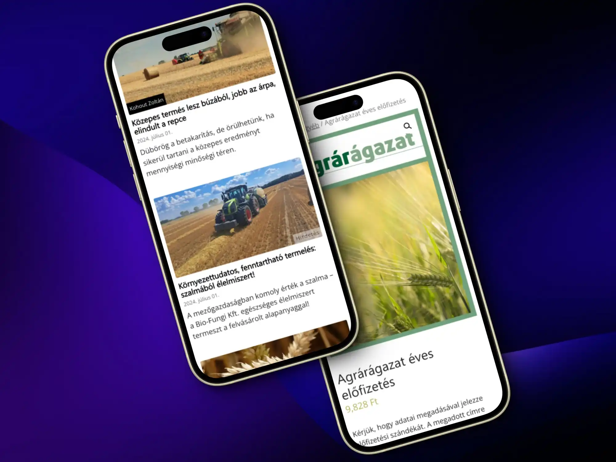 Az Agrárágazat két mobilképernyőn: bal oldalon a hírlista, jobb oldalon az éves előfizetés termékoldala