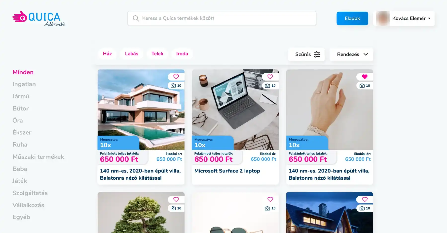 Quica marketplace home page from the UI design, with category filters, product cards showing the offered success fee, the selling price and the number of shares