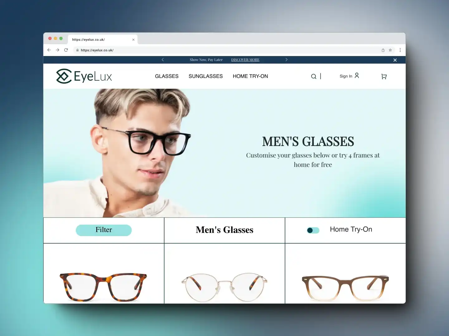 EyeLux product page showing try-at-home eyewear selection