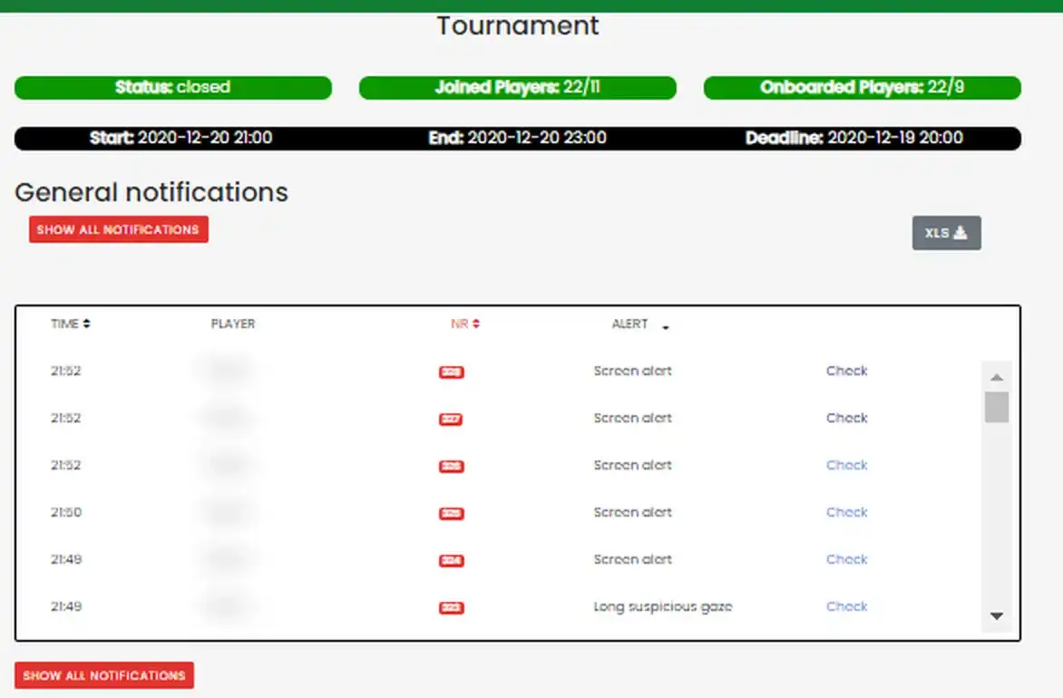 The real referee dashboard during a live tournament in December 2020, showing tournament status and a feed of AI alerts